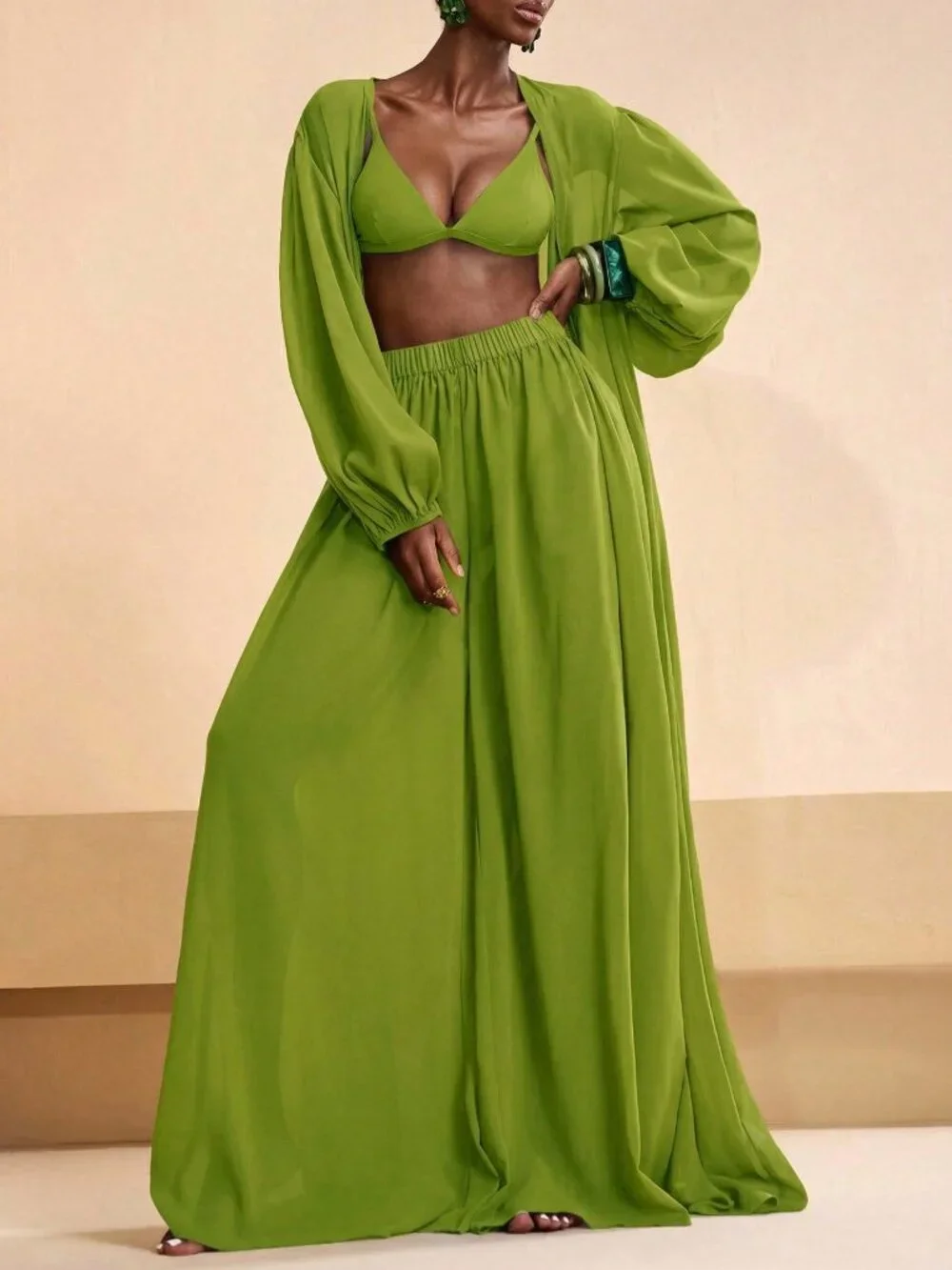 Limelight Green Casual Women's Shirt and Pants Coverup Set